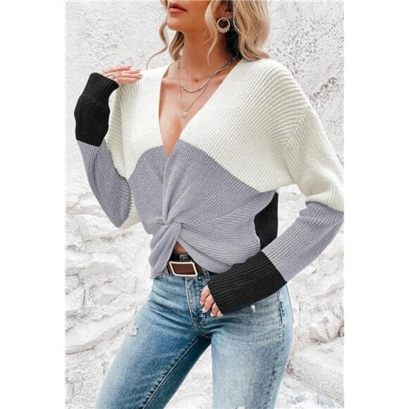 Gray Colorblock Chunky‎ Knit Pullover Sweater V Neck Twisted Knot Sweater Top - Picture 4 of 7